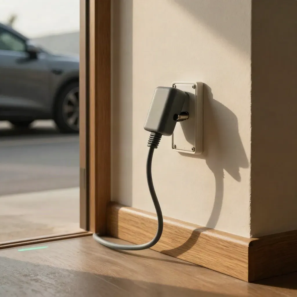 Laadplan thuis in een nette meterkasthoek met wallbox, kabelroute en elektrische auto buiten