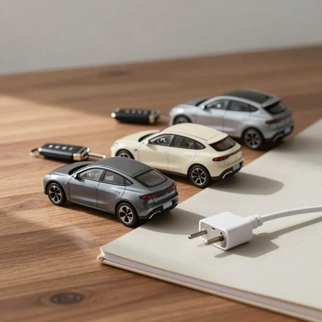 Drie EV-modellen met sleutelhangers en laadstekker op warm houten vlak