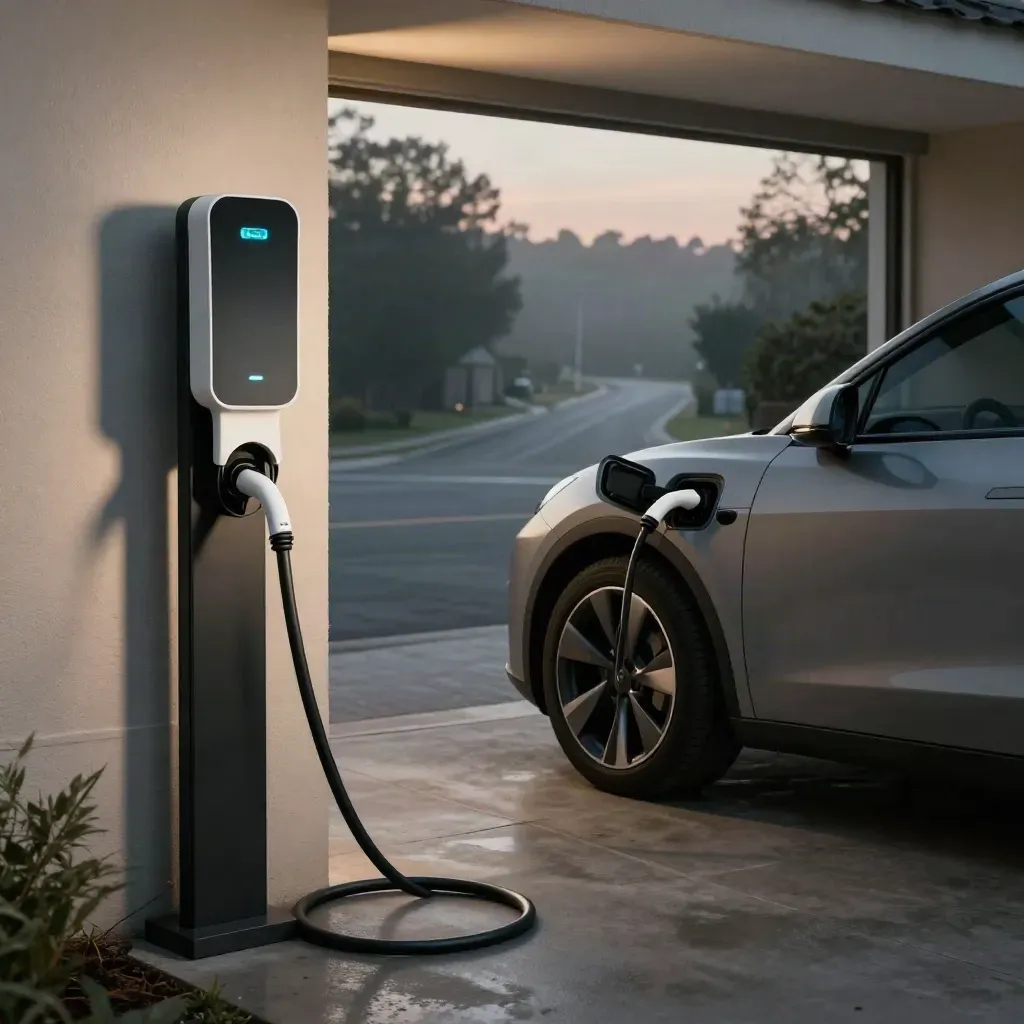 Elektrische auto naast laadpaal bij garage, met opgerolde kabel in avondnevel.