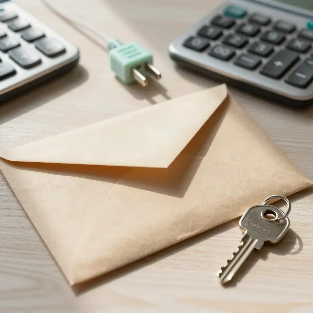 Bovenaanzicht van envelop, laadstekker, calculator en huissleutel op licht hout.