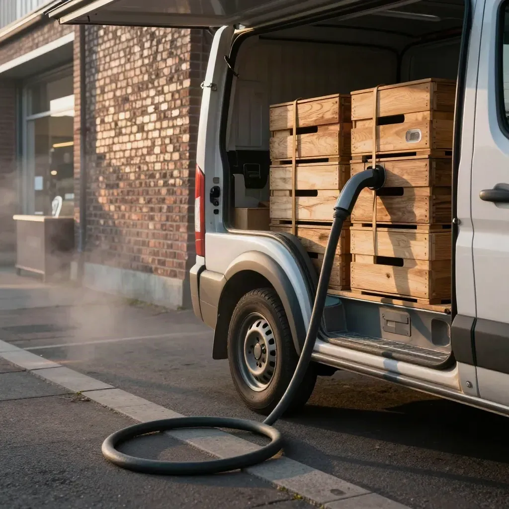 Nijmeegse bakkerij met elektrische bestelbus, broodkratten en laadkabel in ochtendschemering