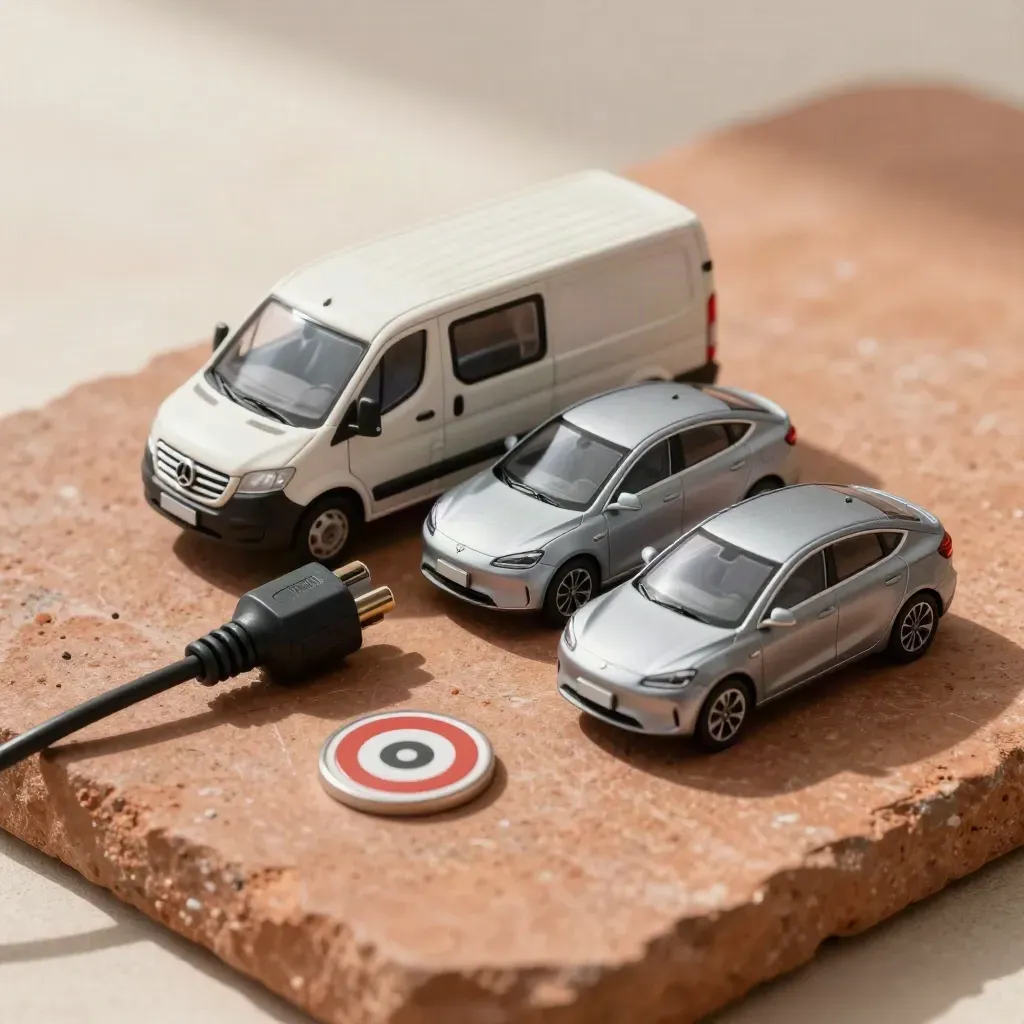 Mini elektrische bestelwagen, twee EV-modellen, laadstekker en route-token op steen