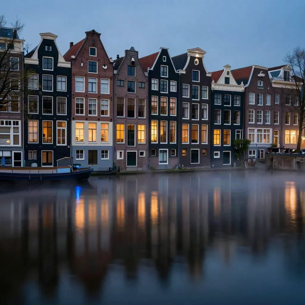 Amsterdamse grachtenpanden bij blue hour met rustig water en mist