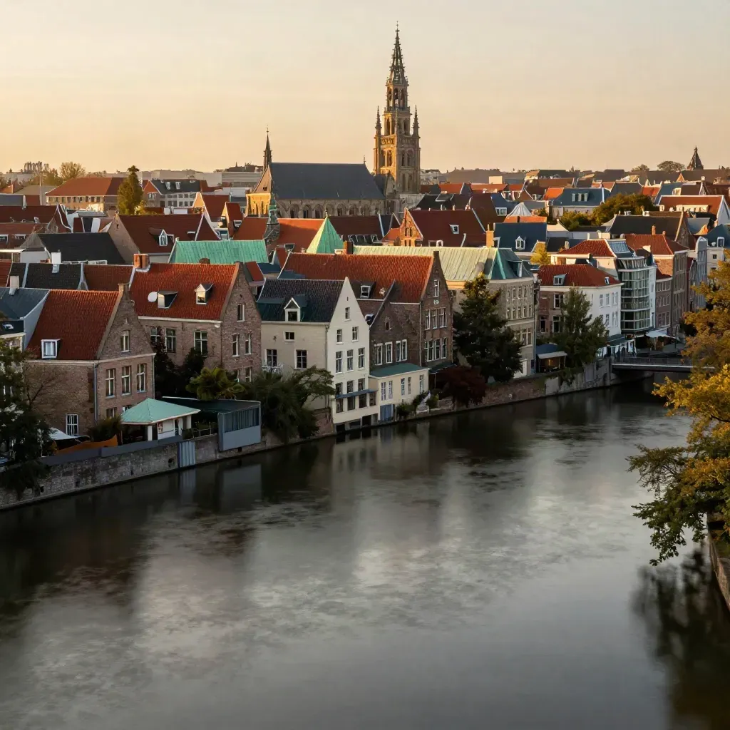 Domtoren boven de Utrechtse binnenstad in warm avondlicht met rustige ruimte voor tekst.