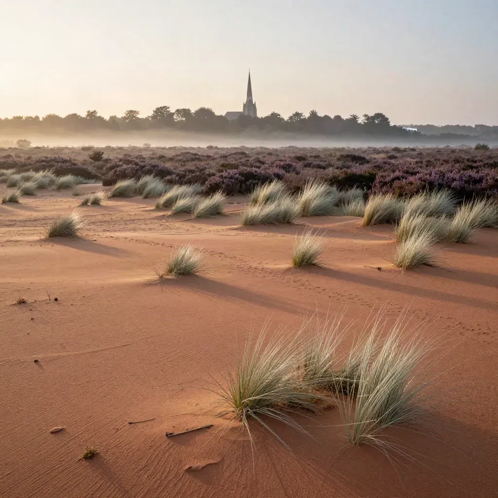 Brabants heidelandschap bij zonsopkomst met kerktoren in de verte en mistige, rustige voorgrond
